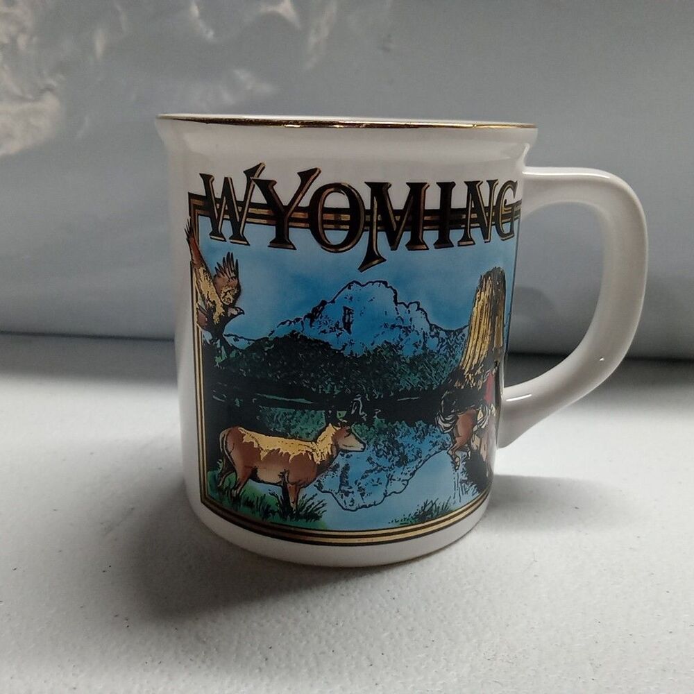 Coffee Mug Cup Wyoming State Scene Deer Eagle Mountain Lake Gold Trim